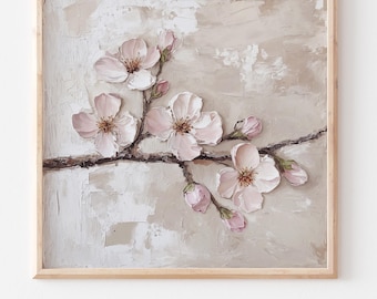 Cherry Blossom Oil Print Sakura Painting Neutral Wall Art Spring Decor