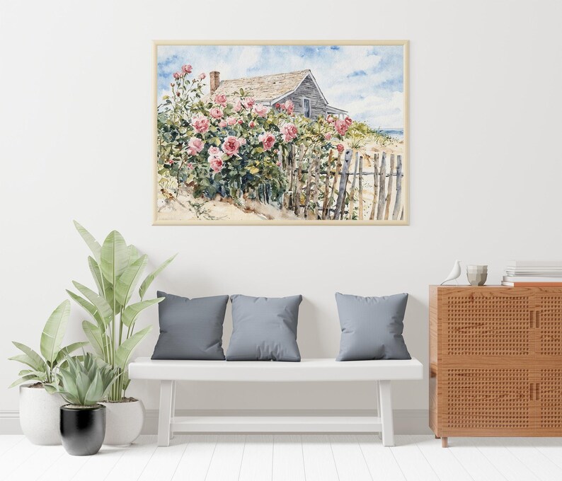 Cape Cod Watercolor Print: Beach House, Roses Garden Coastal Art - Etsy