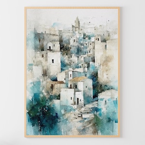 Santorini Watercolor Greek Cityscape Painting Streetscape Artwork Architecture Wall Art Greek Scenery Art Print