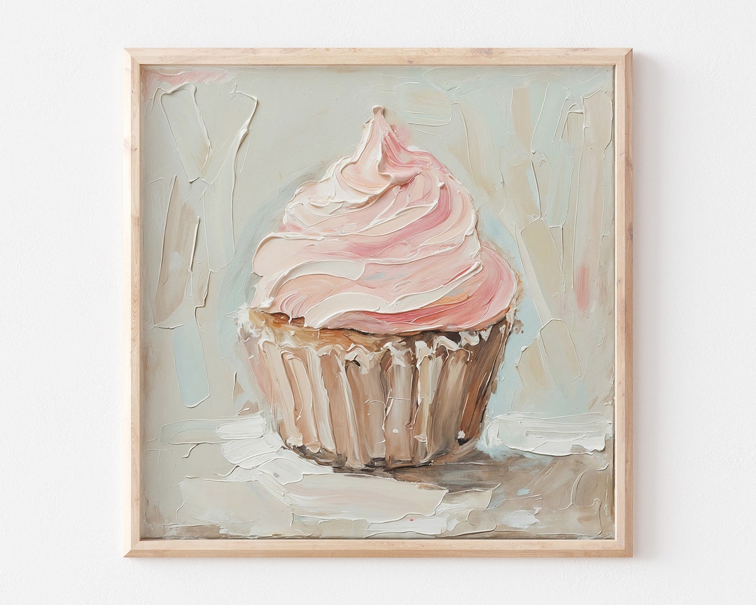 Pink Cupcake Painting Dessert Oil Art Kitchen Wall Decor Food Poster ...