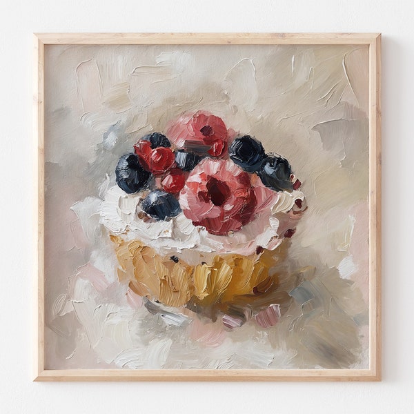 Berries Cupcake Oil Painting Dessert Artwork Kitchen Wall Art Food Poster Neutral Color Art PRINT from an original oil painting