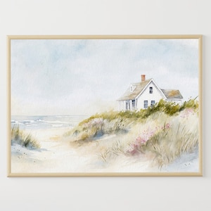 Peinture à l&#39;aquarelle de Cape Cod, oeuvre d&#39;art en bord de mer, impression d&#39;art de scène de plage, fleurs sauvages, art mural, maison de plage, décoration murale
