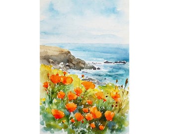 Big Sur California Poppy Watercolor Painting: Coastal Landscape Art