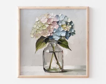 Cuadro de hortensias, lámina artística floral, flores neutras, decoración de pared, estilo rústico, arte botánico en tonos pastel.