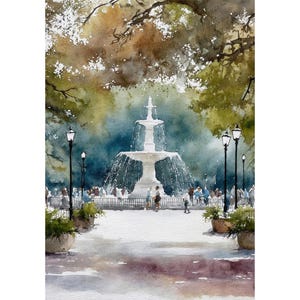 Savannah Aquarell Kunstdruck Forsyth Park Gemälde Brunnen Kunstwerk Gasse Wandkunst Georgia Stadtbild Kunst Reise Poster