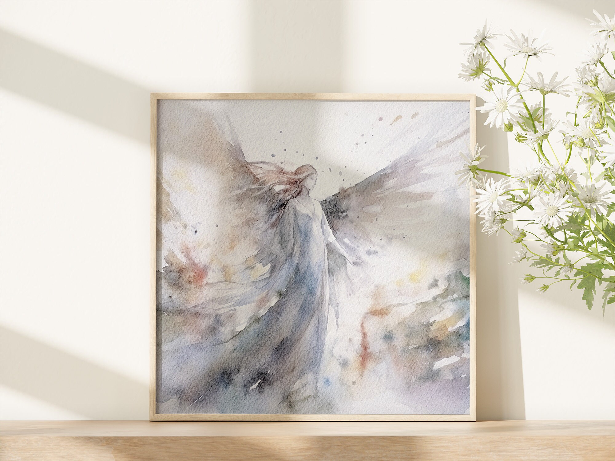天使の水彩画：抽象的な宗教的な壁アート - Etsy 日本