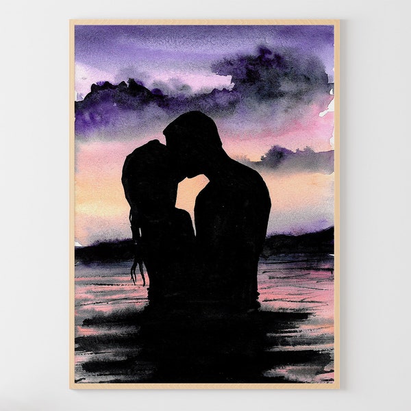 Couple Painting Romantic Art Print Lovers Wall Art Love Couple Watercolor Print Kiss Painting