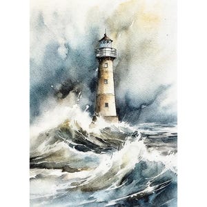 Leuchtturm Malerei Meer Aquarell Donner Meer Kunstwerk Stürmische See Kunstdruck Nautische Wandkunst