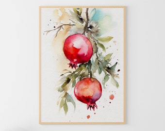 Pomegranate Painting Fruits Watercolor Kitchen Wall Art Botanical Art Print Fruit Branches Art