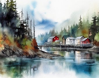 Ketchikan Alaska Watercolor Art Print: Pine Tree Landscape