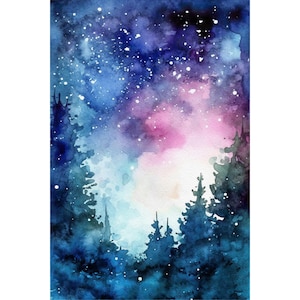 Sternenklare Nacht Himmel Aquarell Malerei Wald Wald Landschaft Milchstraße Galaxie Kunstdruck Pines Poster