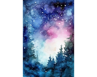 Starry Night Sky Watercolor Art Print: Forest Galaxy Poster