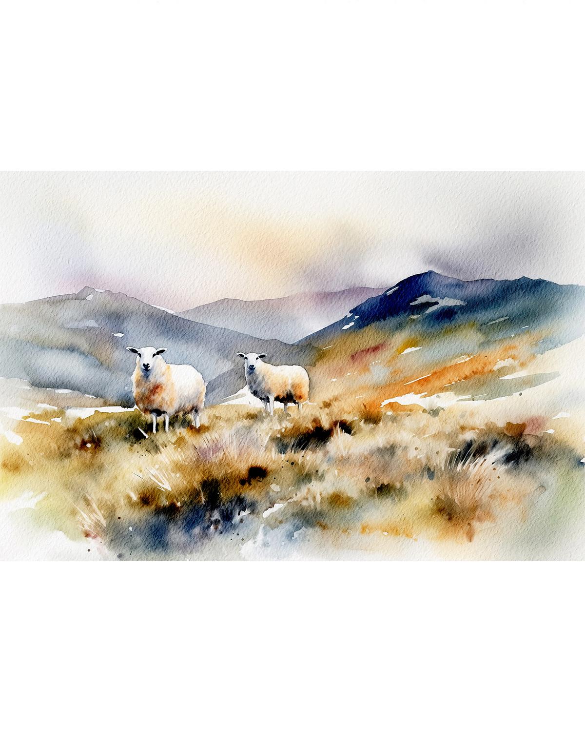 Scottish Hills Watercolor Landscape Sheep Grazing Painting Scotland ...