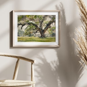 May include: A watercolor painting of a white house with a large oak tree in the front yard. The house has a porch and a roof with a slight overhang. The tree has many branches and leaves, and the painting is done in shades of green, brown, and white.