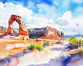 Delicate Arch Watercolor Painting: Arches National Park Art Print