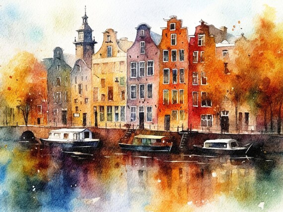 Amsterdam Painting Cityscape Watercolor Watercolor Architecture Art Print Old Town Artwork