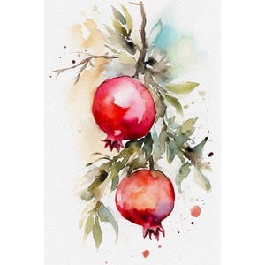Pomegranate Painting Fruits Watercolor Kitchen Wall Art Botanical Art Print Fruit Branches Art