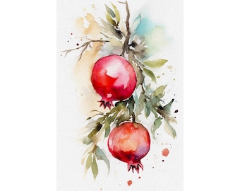 Granaatappel schilderij fruit aquarel keuken muur kunst botanische kunst print fruit takken kunst
