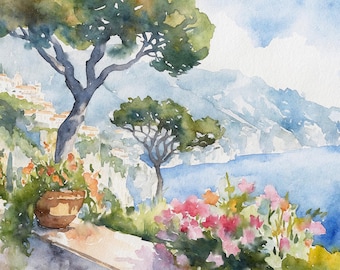 Amalfi Coast Watercolor Print: Villa Rufolo, Italian Travel Art