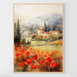 トスカーナの水彩画 ポピーの絵画 イタリアの風景 コテージの壁画 イタリアの田舎のアート