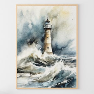 Lighthouse Painting Sea Watercolor Thunder Sea Artwork Stormy Sea Art Print Nautical Wall Art