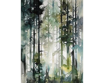 松林の水彩画アートプリント 常緑樹の絵画 風景画
