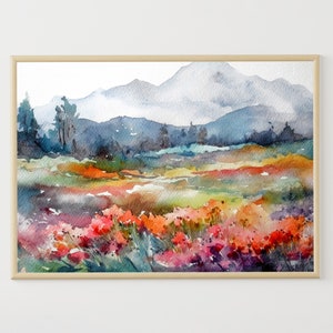 Mountain Valley Painting Mountain Landscape Meadow Watercolor Flowers Field Wall Art