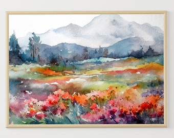 Mountain Valley Painting Mountain Landscape Meadow Watercolor Flowers Field Wall Art