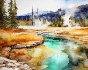Yellowstone National Park aquarel print geisers schilderij Wyoming landschap Amerikaanse reisposter