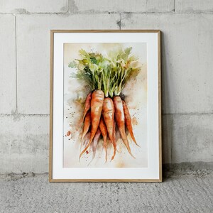 May include: Watercolor painting of a bunch of carrots with green tops. The carrots are orange with a watercolor effect, and the green tops are detailed. The artwork is framed in a light brown wooden frame, set against a neutral background.
