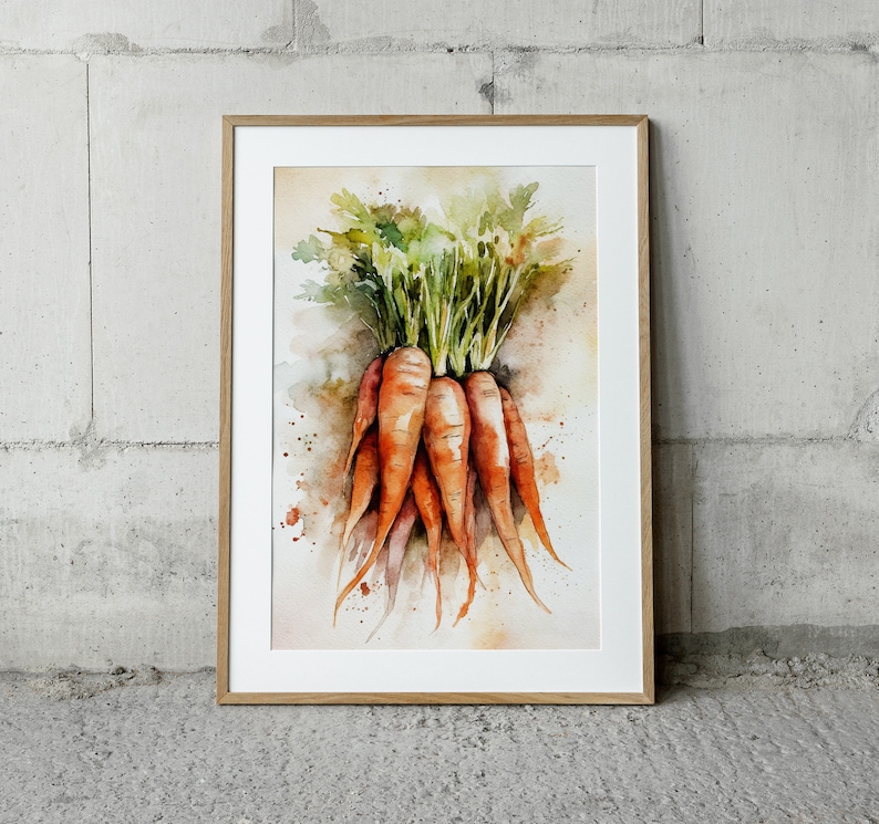 May include: Watercolor painting of a bunch of carrots with green tops. The carrots are orange with a watercolor effect, and the green tops are detailed. The artwork is framed in a light brown wooden frame, set against a neutral background.