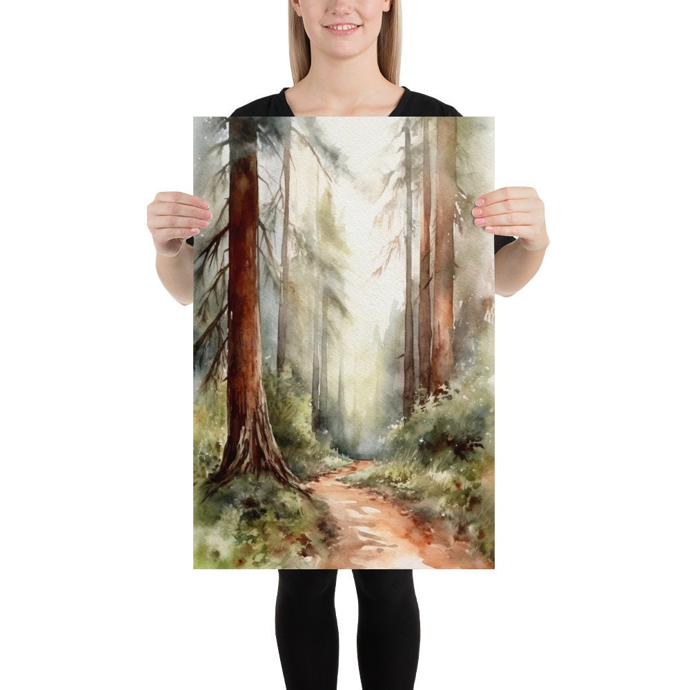 森の絵画「松陰の山道 セコイア国立公園の絵画、松の木のアートプリント、カリフォルニアの