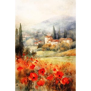 Tuscany Poppy Field Watercolor Print: Italian Countryside Cottage Art