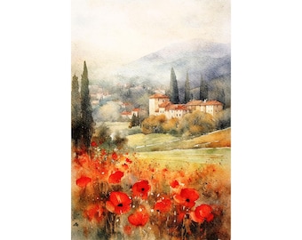 Tuscany Poppy Field Watercolor Print: Italian Countryside Cottage Art