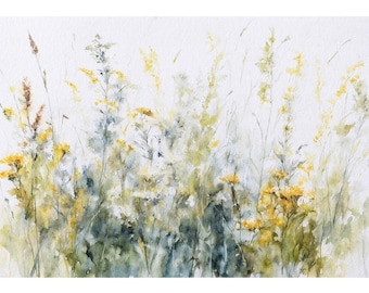 Wiese Aquarell Druck Wildblumen Malerei Gelbe Blumen Wand Kunst Wiese Kunstwerk Rustikale Wohnkultur