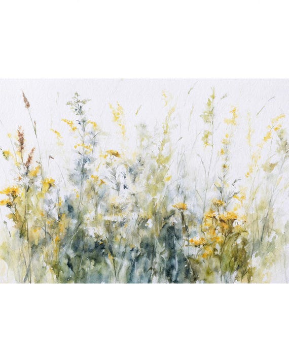 草原の水彩画プリント 野花の絵画 黄色い花 壁アート 草原のアート