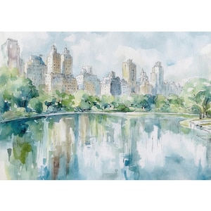 Central Park aquarel Art Print NYC skyline schilderij Kennedy Reservoir poster zomer stadsgezicht artwork reizen muur kunst