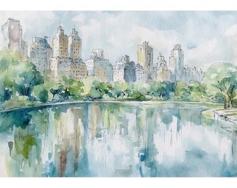 Impresión artística de acuarela de Central Park, pintura del horizonte de Nueva York, póster del embalse de Kennedy, obra de arte de paisaje urbano de verano, arte mural de viaje