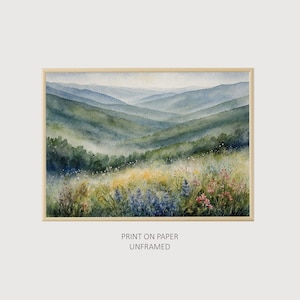 Blue Ridge Mountains Watercolor North Carolina Landscape Wildflowers Painting Appalachian Highlands Artwork Nature Wall Art