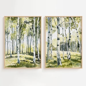 Birch Grove Set Of 2 Watercolor Prints Spring Landscape Birch Trees Art Print Nature Wall Art