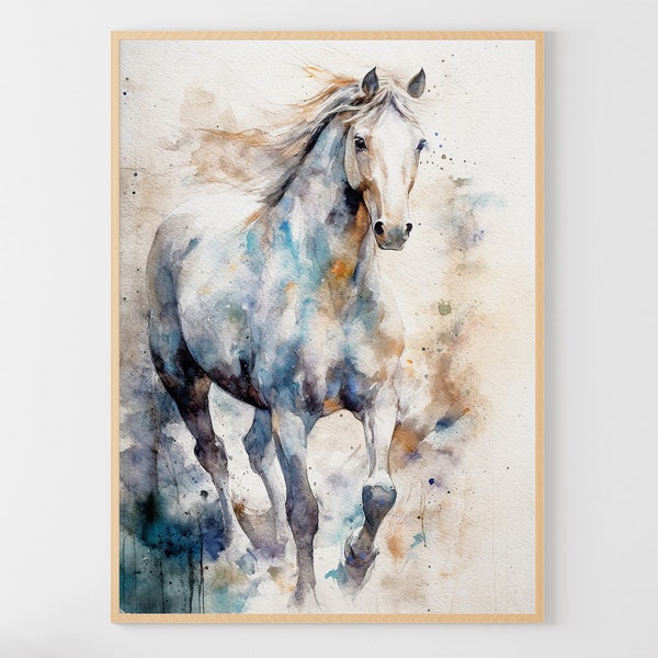 Aquarelle de cheval blanc, peinture de cheval qui court, art mural animal, impression d'art de cheval sauvage, oeuvre d'art équestre