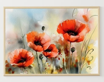 Poppy Meadow Painting Wildflowers Watercolor Floral Wall Art Red Flowers Poster