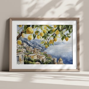 May include: Watercolor painting of a lemon tree with yellow lemons hanging from the branches. The tree is in the foreground and the background shows a coastal town with buildings and a blue sea.
