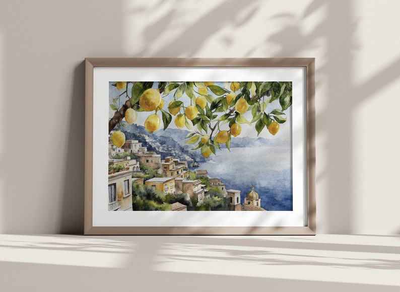 May include: Watercolor painting of a lemon tree with yellow lemons hanging from the branches. The tree is in the foreground and the background shows a coastal town with buildings and a blue sea.