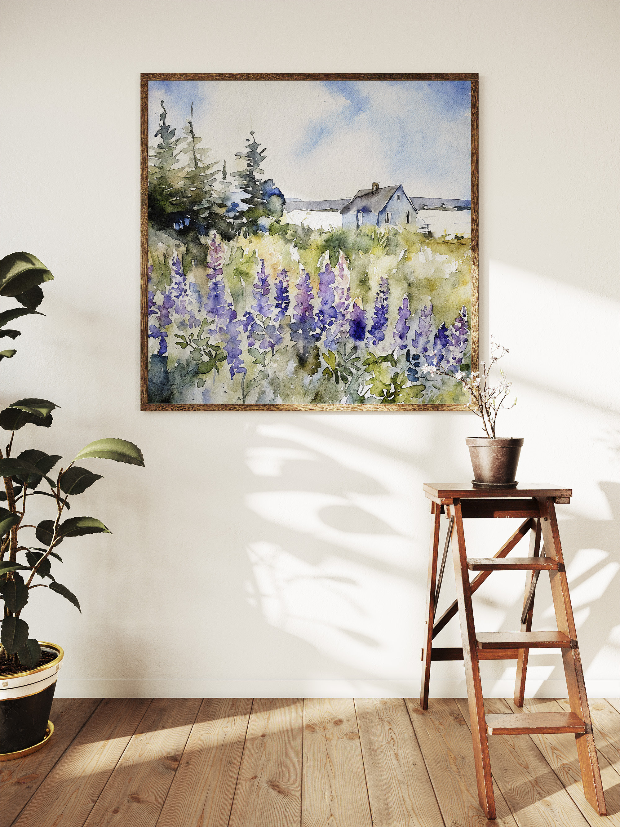 メイン海岸の水彩画アートプリント：ルピナスの花、海岸の風景 - Etsy 日本