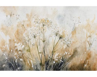 Queen Anne's Lace Watercolor Print Wildflowers Painting Meadow Artwork Neutral Floral Wall Art
