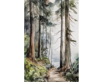 Oregon Forest aquarel print pijnbomen schilderij kust bos artwork groenblijvende bomen poster National Park Art