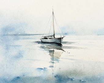 Sailboat Painting Nautical Watercolor Minimalistic Wall Art Coastal Art Print Sailing Poster Beach House Wall Decor