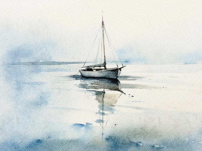 Segelboot Malerei Nautisches Aquarell Minimalistische Wandkunst Küsten Kunstdruck Segeln Poster Strand Haus Wanddeko Bild 1