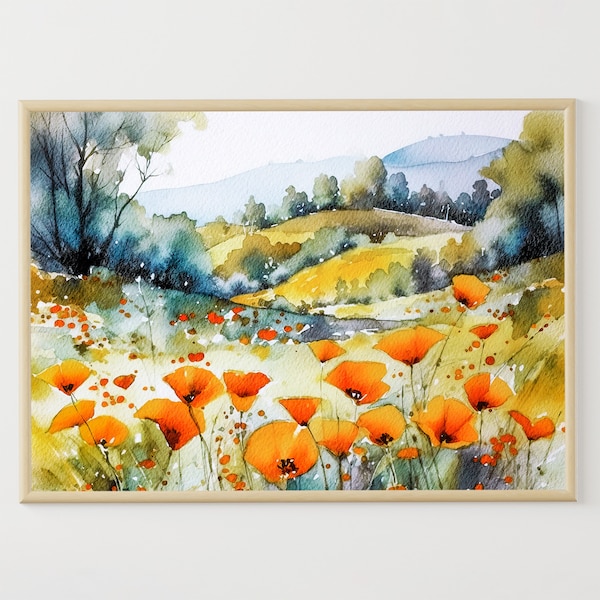 Poppy Field Watercolor Painting California Poppy Art Print California Landscape Wildflowers Wall Art